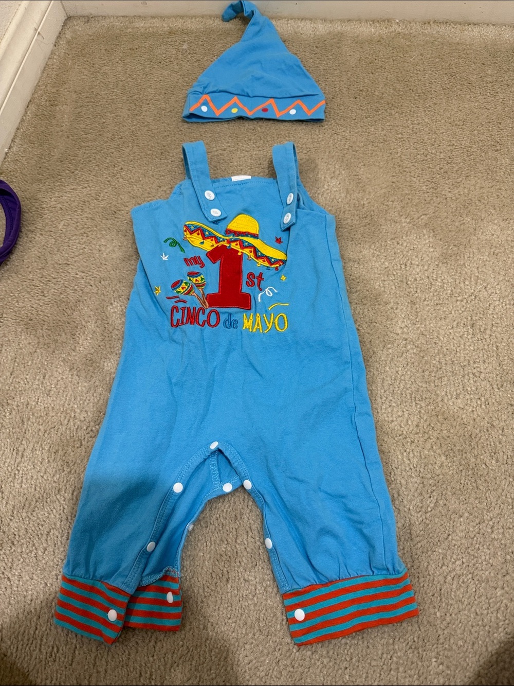 Blue "My 1st Cinco de Mayo" Baby One-Piece Romper with Hat